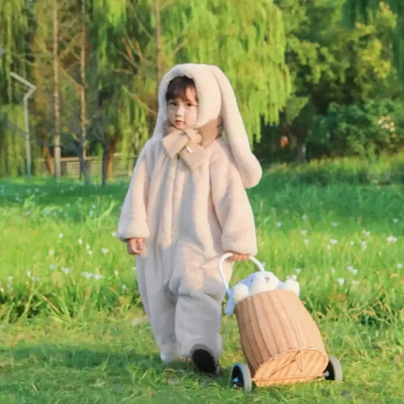 Cartoon Long-Eared Rabbit Baby Girls Clothes Romper Jumpsuits Winter Thicken Children Clothing Festival Party Baby Soft Outfits